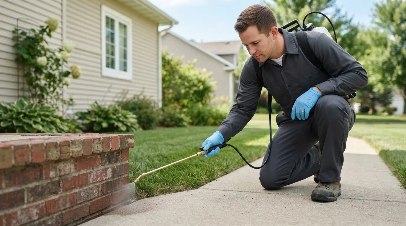 Pest control technician treating a home near Pointblank, TX
