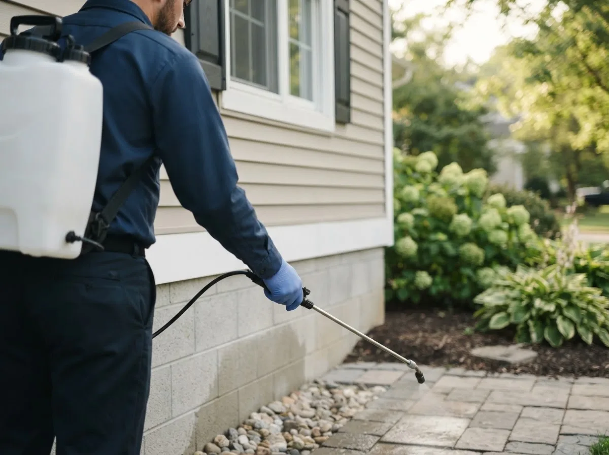 Pest control technician inspecting a home in Pointblank, TX